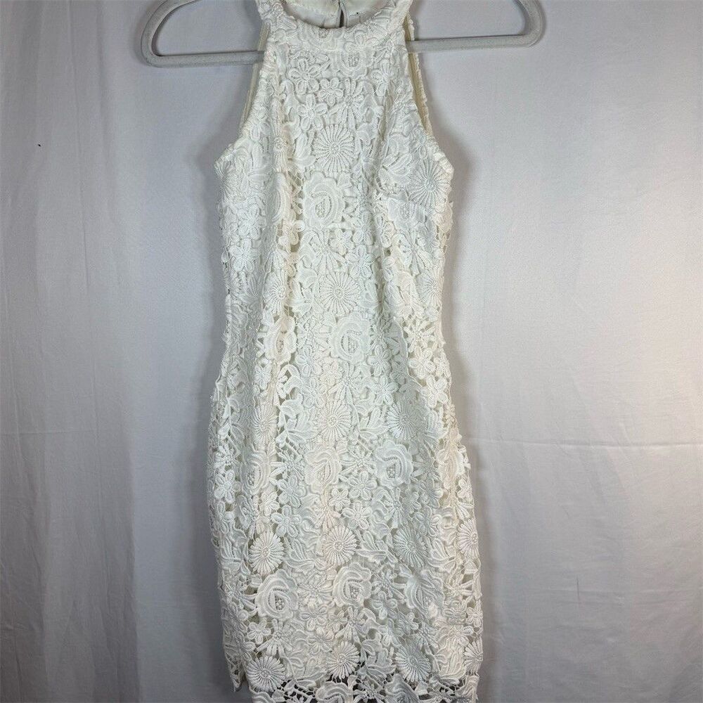 Lulus Dress Womens XS Ivory Floral Lace Halter Bodycon Midi Scalloped Hem